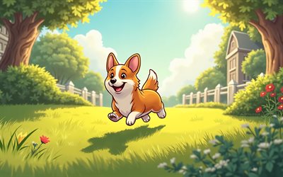 laufender corgi, 4k, zusammenfassung kunst, sommer, rasen, cartoon corgi, haustiere, cartoontiere zeichentrickhunde, kreativ, hunde, corgi