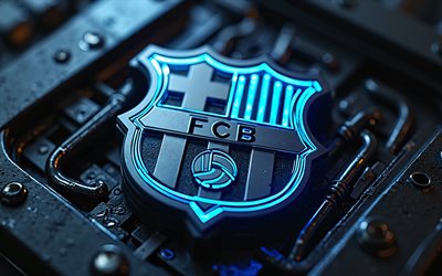 FC Barcelona metal logo, 4k, bokeh, blue neon lights, LaLiga, FCB, soccer, FC Barcelona logo, football, creative, FC Barcelona 3D logo, Barcelona FC, spanish football club, FC Barcelona emblem, FC Barcelona