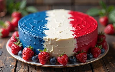 France flag painted on cake, 4k, France flag, baking, France, cake with berries, flag of France, cake with the French flag, cake like France flag, Bastille Day, French flag