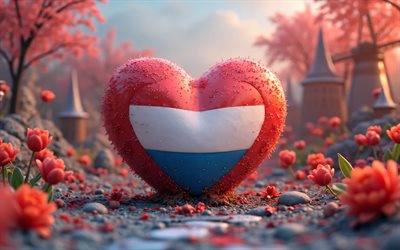 4k, ich liebe niederlande, bokeh, rote tulpen, kreativ, tag der niederlande, flagge der niederlande, 3d  kunst, herz mit niederländischer flagge, 3d  landschaftshintergrund, 3d  herzen, niederländische flagge, niederlande, liebe zu den niederlanden