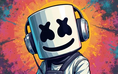 4k, DJ Marshmello, grunge art, headphones, music stars, Christopher Comstock, fan art, american DJ, superstars, DJ Marshmello chibi, 3D Marshmello, popular singers, Marshmello, DJs, Marshmello 4K