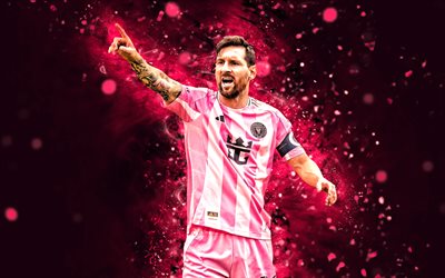 4k, Lionel Messi, purple abstract background, Inter Miami CF, MLS, Argentine footballers, purple neon lights, Lionel Messi 4K, football, soccer, Leo Messi, Inter Miami FC, Major League Soccer, Lionel Messi Inter Miami
