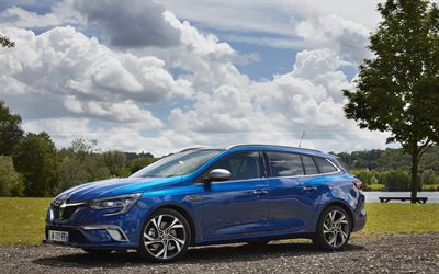 arabalar, 2017, Renault Megane Sedan, park, mavi renault