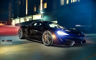 süper, 2016, ADV1, tuning, 570S McLaren, sportcars, gece, siyah McLaren, farlar