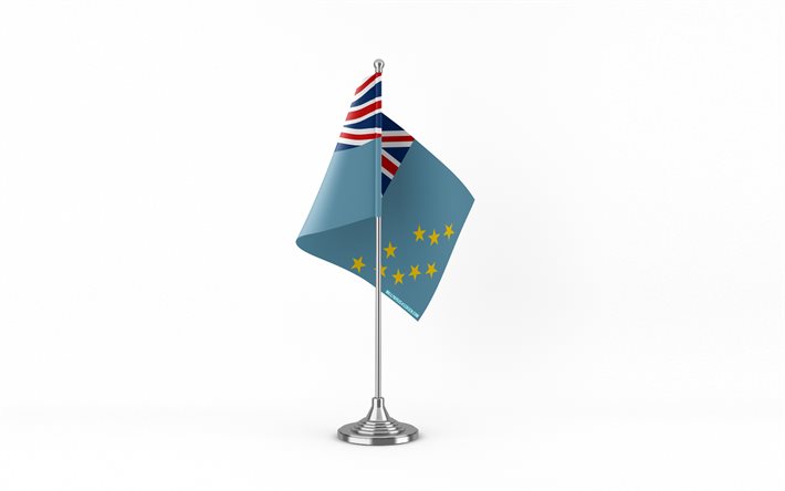 4k, tuvalu bordsflagga, vit bakgrund, tuvalu, tuvalu flagga på metallpinne, tuvalu flagga, nationella symboler