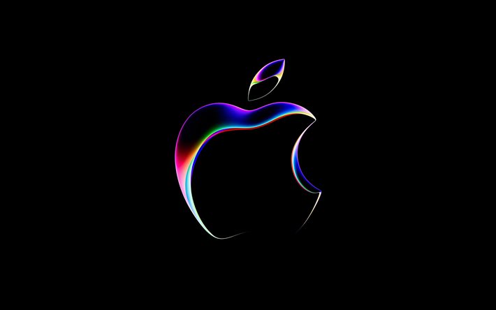 4k, äpple abstrakt logotyp, kreativ, svart bakgrund, äppellogotyp, minimalism, konstverk, äpple
