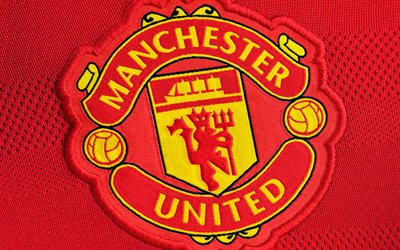 logo del manchester united fabric, 4k, sfondo in tessuto rosso, premier league, calcio, manchester united fc, logo del manchester united, club di calcio inglese, manchester united, man united