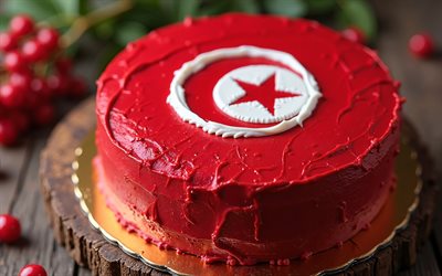 tunesienflagge auf kuchen gemalt, 4k, tunesische flagge, backen, tunesien, kuchen mit beeren, flagge von tunesien, kuchen mit der tunesischen flagge, kuchen wie die tunesische flagge, tunesienflagge