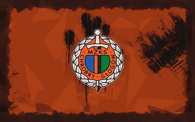 chrobry glogow grunge 로고, 4k, 디비전 1, 오렌지 그런지 배경, 축구, chrobry glogow emblem, chrobry glogow 로고, chrobry glogow, 폴란드 축구 클럽, chrobry glogow fc