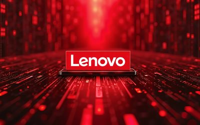 logotipo de lenovo 3d, 4k, bokeh, fondo de matriz roja, marcas, creativo, logotipo de la electrónica, logotipo de lenovo, obra de arte, lenovo