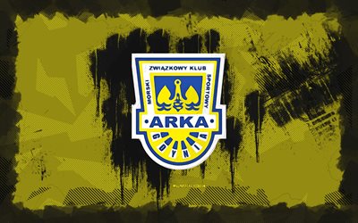 Arka Gdynia grunge logo, 4k, Division 1, yellow grunge background, soccer, Arka Gdynia emblem, football, Arka Gdynia logo, Arka Gdynia, polish football club, Arka Gdynia FC