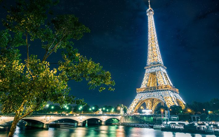 Paris, Eyfel Kulesi, gece, ışıklar, kule, Fransa