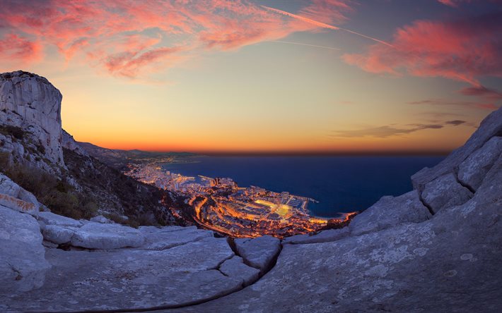 monaco, 4k, panorama, klippor, solnedgång