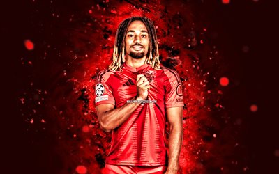 4k, sacha boey, rote neonlichter, bayern münchen fc, französische fußballer, sacha boey 4k, bundesliga, fußball, roter abstrakter hintergrund, sacha boey bayern münchen