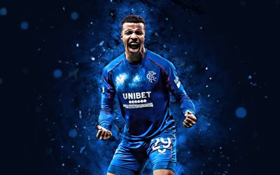Hamza Igamane, 4k, blue neon lights, Rangers FC, Scottish Premiership, Moroccan footballers, Hamza Igamane 4K, football, soccer, Hamza Igamane Rangers