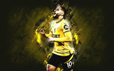 Matheus Cunha, Wolverhampton Wanderers FC, Brazilian football player, yellow stone background, grunge art, Premier League, England, football