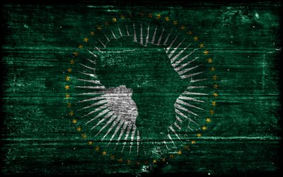 afrikan unionin puuläiliö, 4k, puiset grunge  liput, afrikan maat, afrikan lippu, afrikan liitto, eurooppa, afrikan unionin lippu