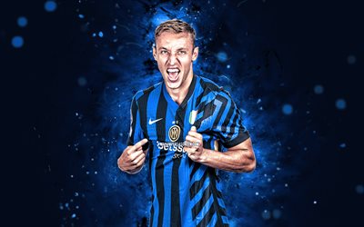 Davide Frattesi, 4k, blue neon lights, Inter Milan FC, Serie A, Italian footballers, Davide Frattesi 4K, football, soccer, Internazionale, Inter, Davide Frattesi Inter Milan