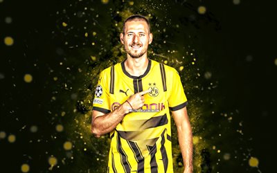 Waldemar Anton, 4k, yellow neon lights, Borussia Dortmund FC, Bundesliga, German footballers, Waldemar Anton 4K, football, soccer, BVB, BV Borussia 09 Dortmund, Waldemar Anton BVB