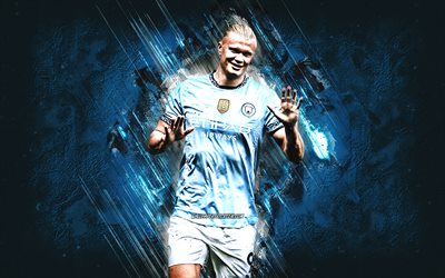 erling haaland, manchester city fc, norsk fotbollsspelare, blå stenbakgrund, grunge konst, premier league, engelska, fotboll