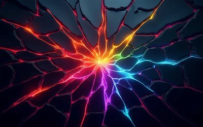 luces de neón de colores, 4k, fragmentos de piedra, patrón geométrico fragmentado, creativo, fondo oscuro 3d, obra de arte, fondo abstracto oscuro, formas, fondos 3d, rayos de neón de colores, patrones de piedra