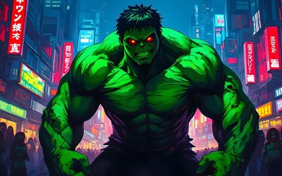 4k, Angry Hulk, nightscape, fiery eyes, superheroes, vector art, Marvel Comics, Hulk, Incredible Hulk, artwork, Hulk art, fan art, Hulk 4K