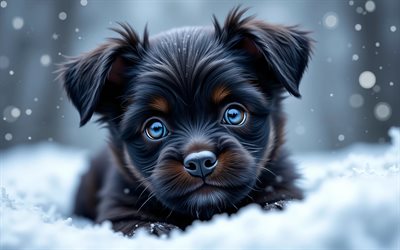 cachorro affenpinscher, 4k, animales lindos, ojos azules, invierno, bokeh, cachorros, bosque, perros, bozal, affenpinscher, mascotas, perro en el bosque, perro affenpinscher