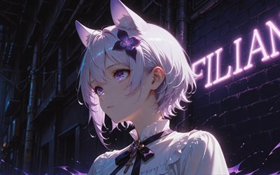 4k, filian, noche, luces de neón, youtuber virtual, calle, vtuber, chica con ojos violetas, hololive, manga, canal filial, youtuber virtual filial