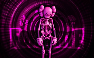 Pink KAWS Skeleton Fortnite, 4k, purple spiral background, Fortnite, creative, Pink KAWS Skeleton Skin, Fortnite Pink KAWS Skeleton Skin, Pink KAWS Skeleton, Fortnite characters
