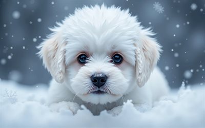 cucciolo di bichon frisé, 4k, simpatici animali, inverno, bokeh, cuccioli, foresta, cani, museruola, bichon frise, animali domestici, cane nella foresta, cane bichon frise