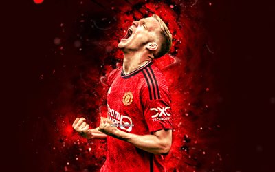 Donny van de Beek, 4k, red neon lights, Manchester United FC, Premier League, dutch footballers, Donny van de Beek 4K, soccer, football, Donny van de Beek Manchester United, Man United
