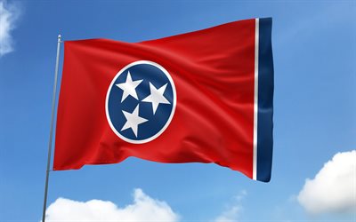 Tennessee flag on flagpole, 4K, american states, blue sky, flag of Tennessee, wavy satin flags, Tennessee flag, US States, flagpole with flags, United States, Day of Tennessee, USA, Tennessee