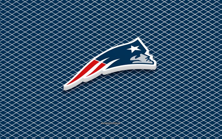 4k, New England Patriots isometric logo, 3d art, American football club, isometric art, New England Patriots, blue background, NFL, USA, American football, isometric emblem, New England Patriots logo