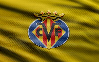 Villarreal fabric logo, 4k, yellow fabric background, LaLiga, bokeh, soccer, Villarreal logo, football, Villarreal emblem, Villarreal, spanish football club, Villarreal CF, Villarreal FC