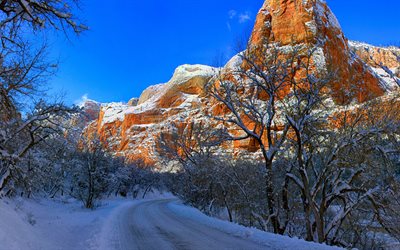 Zion National Park, 4k, snowy mountains, Utah, american landmarks, USA, snowy road, forest, mountains, beautiful nature, winter