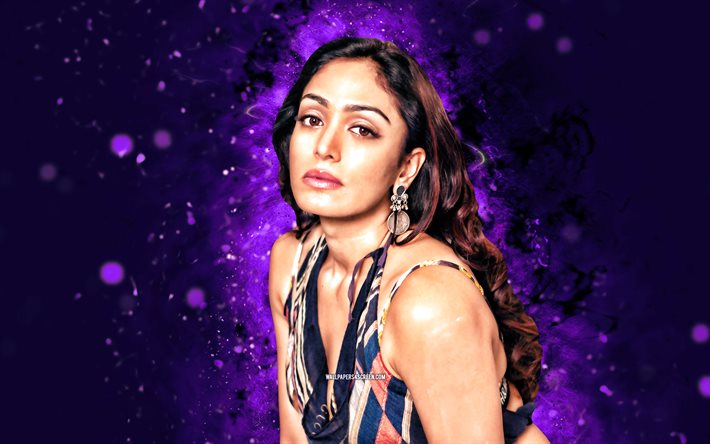 khushali kumar, 4k, luces de neón violeta, actriz india, bollywood, estrellas de cine, obra de arte, imagen con khushali kumar, celebridad india, khushali kumar 4k