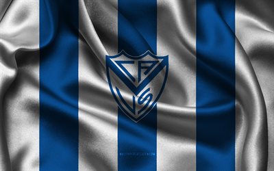 4k, velez sarsfield  logotyp, blåvit siden, argentina fotbollslag, velez sarsfield emblem, argentina primera division, velez sarsfield, argentina, fotboll, velez sarsfield flagga, velez sarsfield fc
