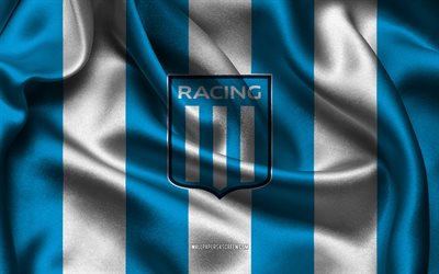 4k, logo du club de course, tissu de soie bleu blanc, équipe de football argentine, emblème du club de course, division des primera argentine, club de course, argentine, football, drapeau du club de course, racing club fc, courses