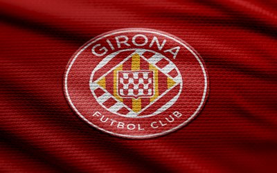 Girona FC fabric logo, 4k, red fabric background, LaLiga, bokeh, soccer, Girona FC logo, football, Girona FC emblem, spanish football club, Girona FC