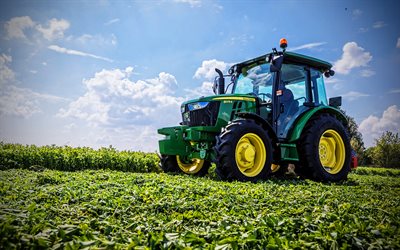 John Deere 5075E, raking grass, 2023 tractors, agricultural machinery, collecting grass, green tractor, tractor in the field, agriculture concepts, agriculture, John Deere