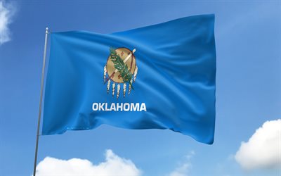 oklahoma flag auf fahnenmast, 4k, amerikanische staaten, blauer himmel, flagge von oklahoma, wellige satinflaggen, oklahoma flag, us  staaten, fahnenmast mit flaggen, vereinigte staaten, tag von oklahoma, usa, oklahoma
