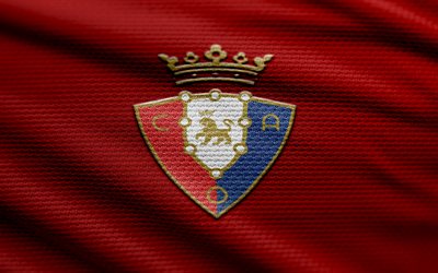 CA Osasuna fabric logo, 4k, red fabric background, LaLiga, bokeh, soccer, CA Osasuna logo, football, CA Osasuna emblem, spanish football club, CA Osasuna, Osasuna FC