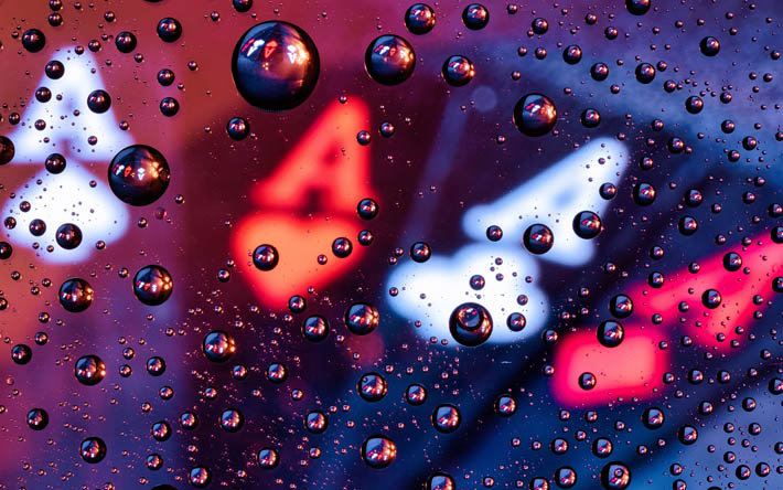 four aces, 4k, poker, four of a kind, water drops, macro, neon, aces, playing cards, poker concepts