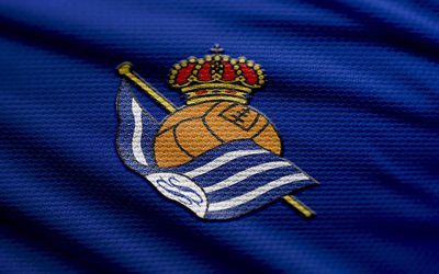 Real Sociedad fabric logo, 4k, blue fabric background, LaLiga, bokeh, soccer, Real Sociedad logo, football, Real Sociedad emblem, spanish football club, Real Sociedad FC