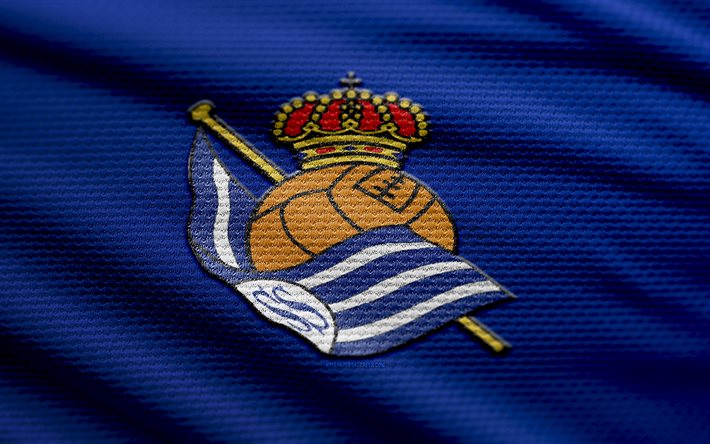 logotipo de fabric de la sociedad real, 4k, fondo de tela azul, la liga, bokeh, fútbol, real logotipo de la sociedad, fútbol americano, verdadero emblema de la sociedad, club de fútbol español, real sociedad fc
