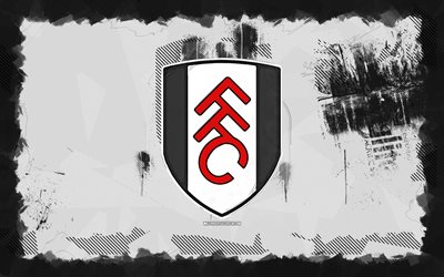 شعار فولهام fc الجرونج, 4k, الدوري الممتاز, خلفية الجرونج الأبيض, كرة القدم, شعار فولهام fc, ملهى كرة القدم الإنجليزي, فولهام fc