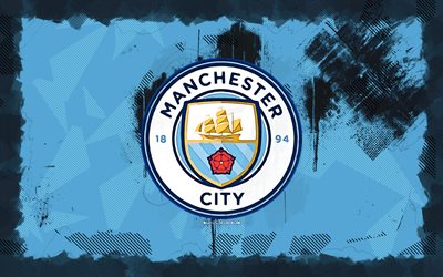 manchester city fc grunge logo, 4k, elitserien, blå grunge bakgrund, fotboll, manchester city fc emblem, manchester city fc  logotyp, engelska fotbollsklubb, manchester city fc