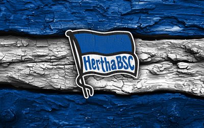 Hertha BSC wooden logo, 4k, blue white wooden background, 2 Bundesliga, soccer, Hertha BSC logo, football, Hertha BSC emblem, Hertha BSC, german football club, Hertha FC