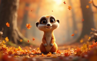 4k, कार्टून मीरकैट, शरद ऋतु, पत्ती गिरना, एनिमेटेड 3डी जानवर, bokeh, खुश जानवर, 3डी मीरकैट, 3डी जानवर, meerkat, कार्टून जानवर, द मीरकैट्स