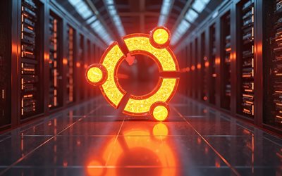 4k, ubuntu orange neonlogotyp, konstverk, elektronikmärken, datacenterstativ, bokhög, natt, ubuntu logotyp, märkeslogotyp, ubuntu neonlogotyp, ubuntu, märke, ubuntu orange logotyp, linux ubuntu